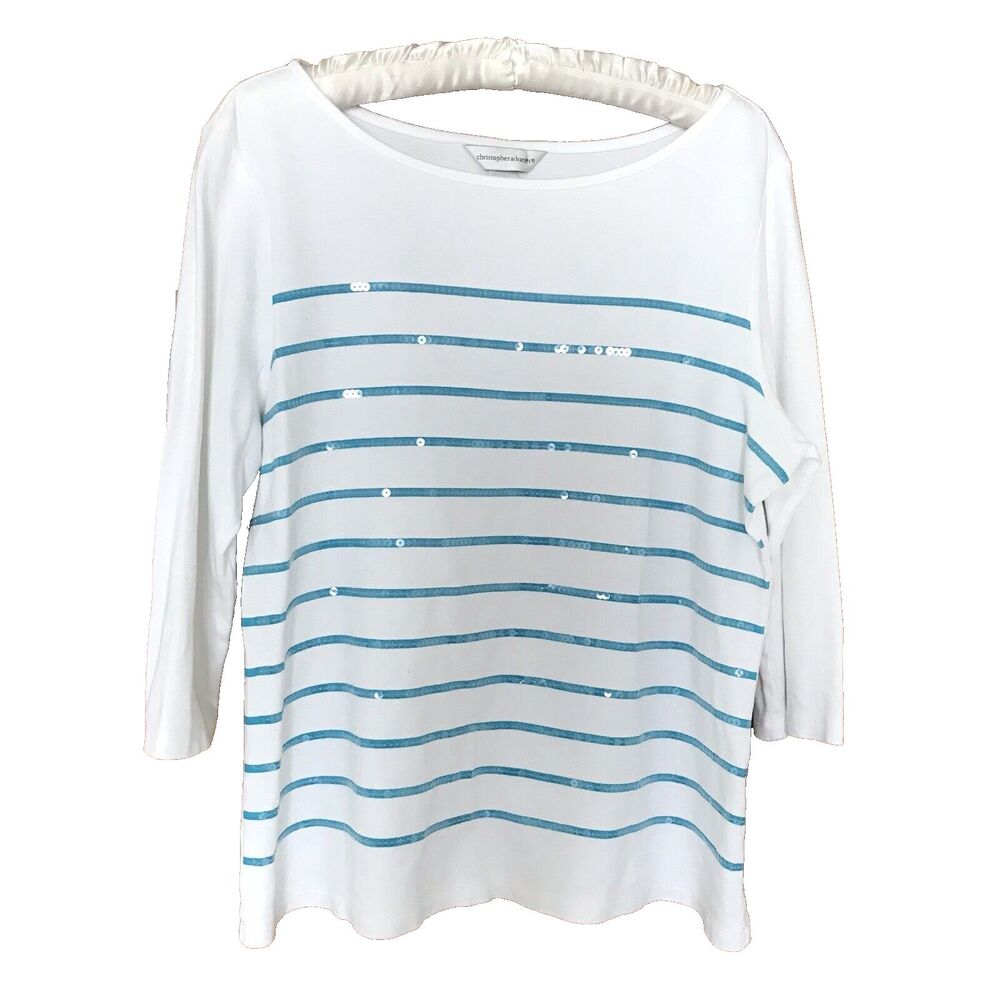 Christopher & Banks Top Tee L White Aqua Stripe 3/4 Slv Sequins Cotton Knit EEUC